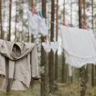 Clothes hanging on a line in a serene forest, creating a rustic outdoor laundry scene.